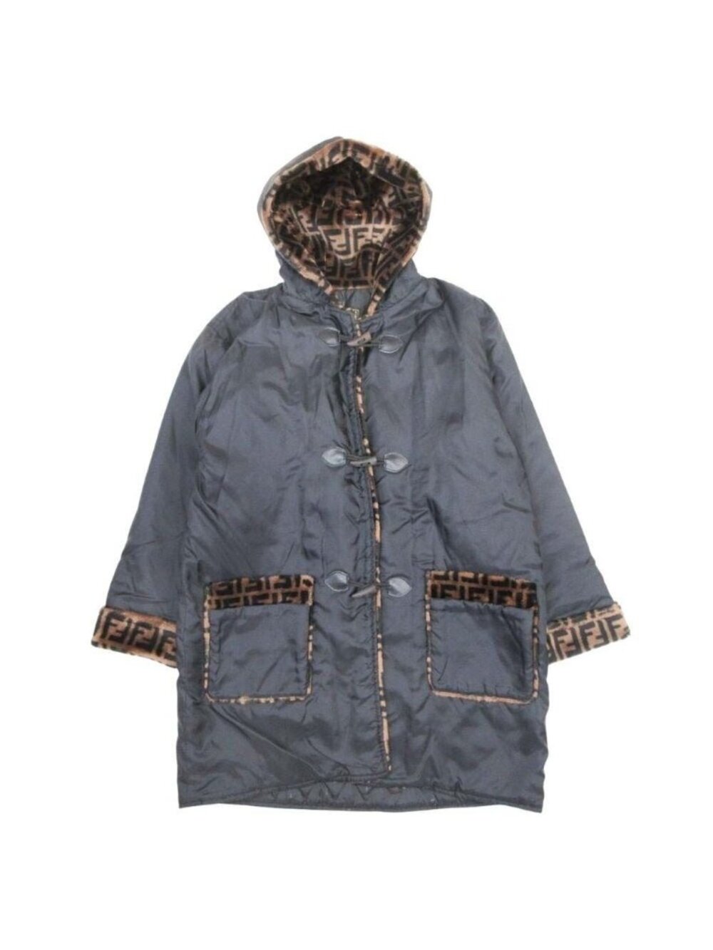 Fendi Vintage Zucca Pattern Coat Jacket Outer Fur Ittierre Black Beige